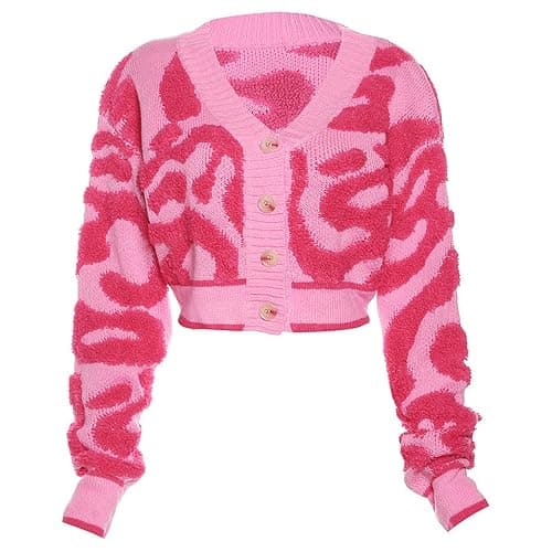 Perbai Womens V Neck Button Down Long Sleeve Colorblock Y2K Cropped Cardigan Sweater Jacket - Image 1