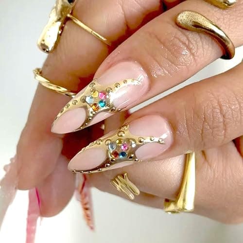 24Pcs Handmade Almond Press on Nails Fake Nails 3D ice Flower Stripes False Nails with Pink Gradient Gold Beads Designs Glitter Rhinestones Nails French False Stick on Nail for Women DIY Tips thumbnail 3
