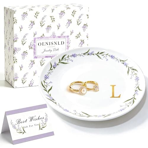 Oenisnld Ceramic Personalized Jewelry Dish Ring Holder Trinket Tray L | Initial Monogram Floral Ring Holder Jewelry Dish Tray Mothers Day Christmas Birthday Gifts for Women Room Decor Aesthetic - Image 1