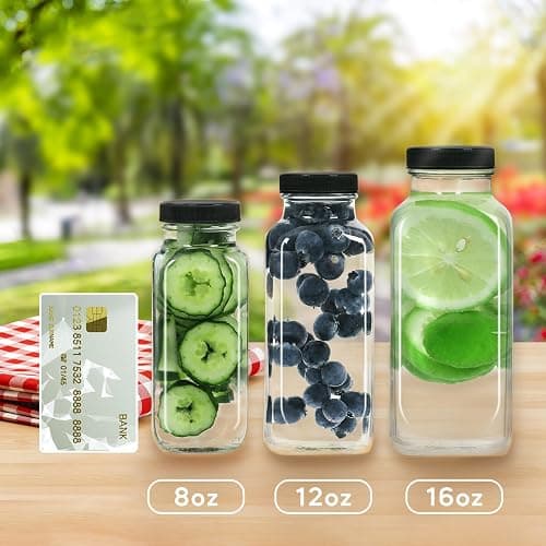 STARSIDE 12 oz Glass Juice Bottles with Lids 6 Pack - Square Reusable Drinking Jars for Juicing, Milk, Kombucha - Includes 1 Bottle Brush, 6 Colored Labels thumbnail 7