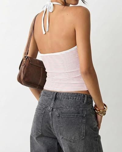 Cioatin Women Sleeveless Striped Colorblock V Neck Crop Cami Tank Y2K Aesthetic Tie Up Halter Backless Cute Slim Fit Tops thumbnail 2
