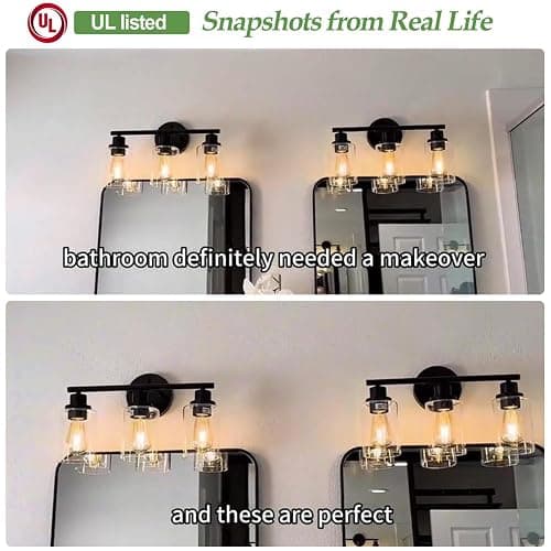 Zarbitta 3-Light Bathroom Light Fixtures, 17.23" Black Modern Vanity Lights with Clear Glass Shade, Bathroom Wall Lamp for Mirror Kitchen Living Room Hallway Cabinet Porch thumbnail 3