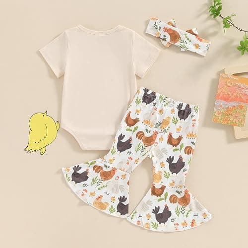 Karuedoo Newborn Baby Girl Farm Outfits Letter Print Short Sleeve Romper Chicken Flared Pants Headband 3Pcs Outfits Sets thumbnail 3