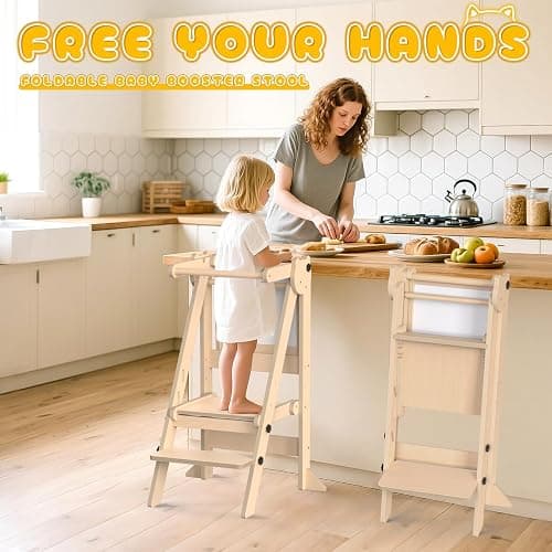 Foldable Toddler Tower, Wooden Toddler Kitchen Stool with 3 Adjustable Heights and Removable White/Blackboard, Montessori Foldable Learning Tower Kitchen Stool, Natural Wood thumbnail 6