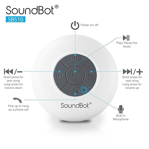 Soundbot® Waterproof Shower Speaker HD Water Resistant Bluetooth Handsfree Portable with Loud Clear Sounds 6+hrs of Playtime, Wireless Suction Cup Small Durable for Outdoors Travel Home SB510 (White) thumbnail 4