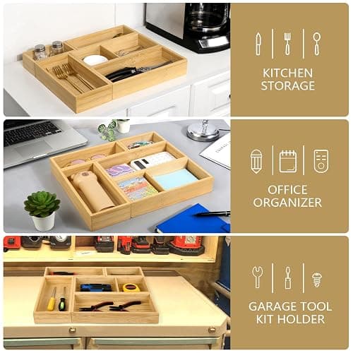 JPPSUJJ 5 Pack Bamboo Drawer Organizer Set, Multi-Use Junk Drawer Organizer for Bathroom, Kitchen, Office, Jewelry, Makeup thumbnail 5