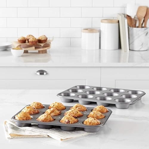 Amazon Basics Nonstick Round Muffin Baking Pan, 12 Cups, Set of 2, Gray, 13.9x10.55x1.22" thumbnail 2