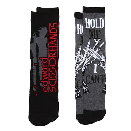 Hypnotic Hats Edward Scissorhands Silhouette with Logo & Hold Me I Can't Adult Crew Socks - Black/Grey (Size 6-12, Two Pairs) - Image 1