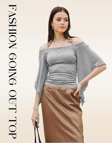 Off The Shoulder Tops for Women, Casual Bell Sleeve 3/4 Length Going Out Halter Neck Top thumbnail 6