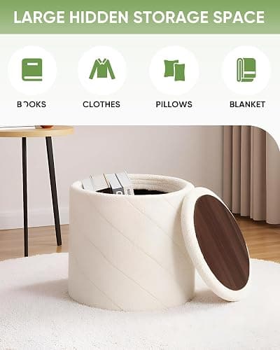 B FSOBEIIALEO Ottoman with Storage, 33cm Boucle Round Ottoman, Cream White | Ottomans with Removable Tray Lid, Foot Rest Stool, Twisted Design Coffee Table, for Dorm, Living Room thumbnail 4