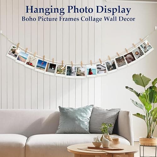 YuanDe Hanging Photo Display Wall Decor with 15 Wood Clips, 67 Inches Boho Wooden Bead Garland Collage Picture Frame Photos String DIY, Photo Hanger for Bedroom Office Dorm Room Decor Gifts(1PCS) thumbnail 5
