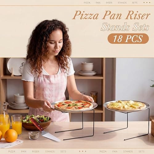 LemonRoad 18 Pcs Pizza Pan Riser Stands Sets Includes 6 Metal Pizzas Table Stands 6 Pan(11.8in) and 6 Wood Handle Pie Server, Pizza Rack Stand Pizzas Tray for Dessert Cheese Weddings Party(Silver) thumbnail 2