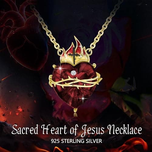 OHAYOO Sacred Heart of Jesus Necklace 925 Sterling Silver Cross Sacred Heart Necklace Inlaid Cubic Zirconia Christian Amulet Christian Gift,Perfect for Prime Shopping thumbnail 5