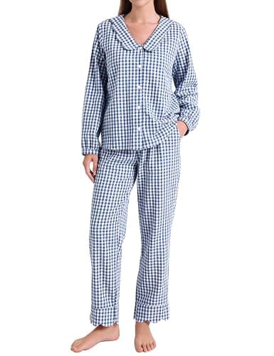 PEHMEA Women's Plaid Pajamas Set 2 Piece Cotton Gingham Sleepwear Puff Sleeve Scalloped Babydoll Shirt Lounge Pj Sets - Image 1
