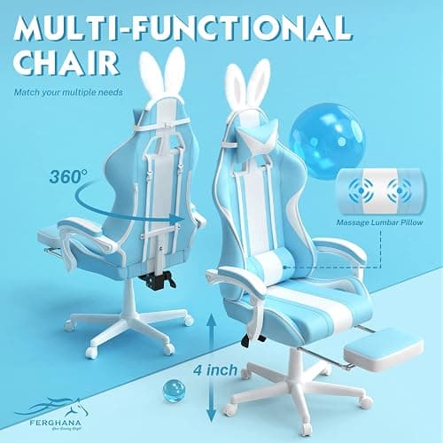 Ferghana Kawaii Light Blue Gaming Chair with Bunny Ears, Ergonomic Cute Gamer Chair with Footrest and Massage, Racing Reclining Leather Computer Game Chair 250lbs for Girls Adults Teens Kids thumbnail 6