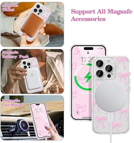 UEEBAI Magnetic for iPhone 15 Pro Max Case, Bow Case Compatible with MagSafe, Wireless Slim Clear Ribbon Aesthetic Phone Cover Anti-Yellowing Shockproof Protective Cover for Women Girl - Pink thumbnail 2