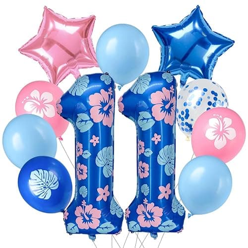 Minyu Tropical Floral Number large Balloon - 10-pack, includes hibiscus and palm leaves, pink and blue star foil, and sequined balloons, perfect for birthday party decorations. (Number 11) - Image 1