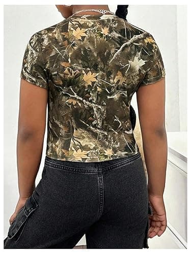 RoseSeek Girl's Camo Crop Tight Shirts Branch Print Short Sleeve Slim Fitted T-Shirt thumbnail 3