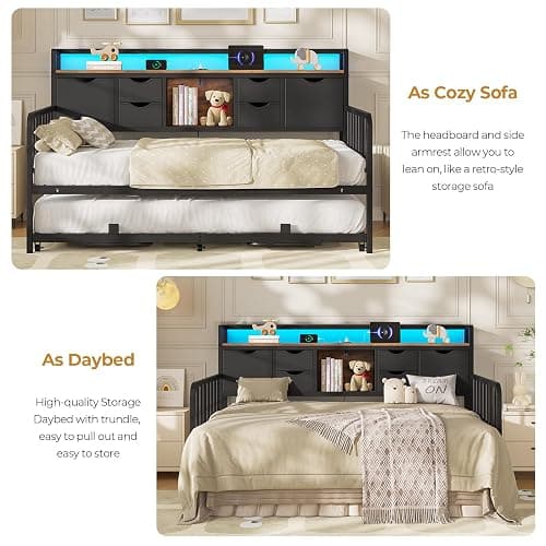 ADORNEVE Daybed with Trundle, Twin Day Bed with Storage Headboard & Charging Station, Height Adjustable Metal Trundle Bed Twin, Sofa Bed Frame for Living Room, Bedroom and Guest Room, Black thumbnail 9