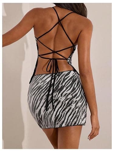 Verdusa Women's Going Out Tops Y2K Sequin Halter Crop Top Criss Cross Backless Rave Party Outfits thumbnail 2