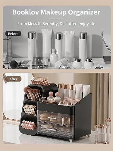 Booklov Makeup Organizer for Vanity, Large Capacity Cosmetic Display Case with Drawers, Countertop Beauty Storage Holder for Skincare, Brush Eyeliner Perfume Eyeshadow Lipsticks, Counter Desk, Black thumbnail 7