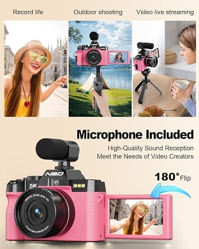 NBD 5K 64MP Digital Cameras for Photography with Dual-Lens WiFi | Vlogging Point and Shoot Camera Kit for Beginners,with 180° Flip Screen,16X Zoom,32GB Card,2 Batteries(PINK) thumbnail 8