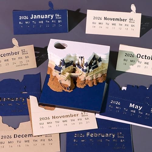 Time Piece Calendar 2026, 3d Desk Calendar 2026, Magic Castle with Weekly & LED Lights, 3D Calendar Paper Carving Art Memo Pad Notepad, Gift for Christmas Housewarming Desktop Decoration thumbnail 2