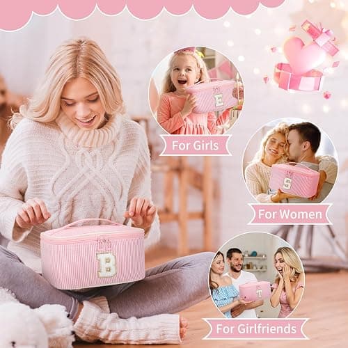 OCHEAL Makeup Bag for Women, Monogram Cosmetic Bag with Brush Holder, Pink Travel Makeup Case Beauty Toiletry Bag Organizer Personalized Gifts for Girls Bridesmaid, Sister, Wife, Friends Initial R thumbnail 4