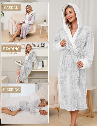 Uikue Long Bath Robe for Womens - Plush Soft Fleece Spa Bathrobes Cozy Warm Nightgown Ladies Pajamas Sleepwear with Pockets thumbnail 7