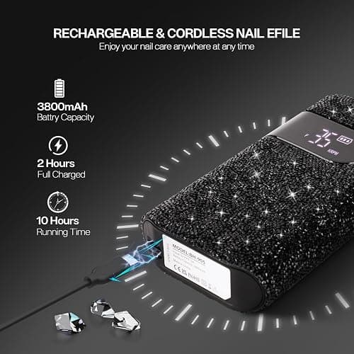Lavinda Nail Drill Professional Electric Nail File, Black Rhinestone | 35000RPM, 10-12h Runtime, LED Display, Low-heat Coreless Motor, Shapes Acrylic/Gel Nails Manicure for Nail Technicians thumbnail 3
