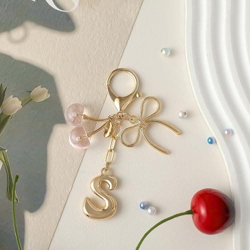 Snycler Bubble Initial Keychain with Bow & Cherry - Gold Letter Bag Charms for Women, Cute Purse Handbag Accessories thumbnail 6