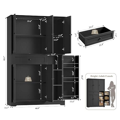 HOSTACK 68" Tall Kitchen Pantry Storage Cabinet, Modern Kitchen Hutch Cabinet with Doors and Shelves, Freestanding Food Pantry with Large Storage Drawer for Dining Room, Living Room, Black thumbnail 3