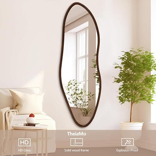 TheiaMo Irregular Full Length Mirror, 65"x22" Wooden Farmhouse Full Body Mirror, Large Asymmetrical Wall Mirrors for Living Room Entryway, Horizontal/Vertical, Walnut thumbnail 5