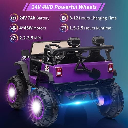 24V Ride on Car Toys, Remote Control 4 Wheels Electric Power Car for Toddlers Kids Boys Girls, 2 Seater Motorized Ride on Cars Vehicle, Purple thumbnail 3