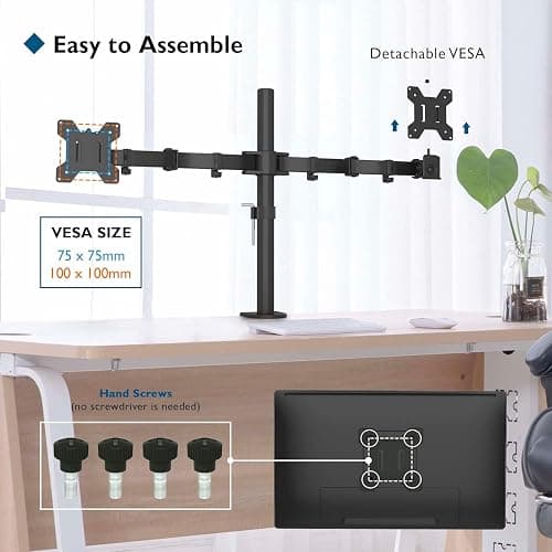 BONTEC Dual Monitor Desk Mount, Full Motion Adjustable Monitor Stand for 13–27 Inch Screens, Heavy Duty Arms Hold Up to 22 lbs Each, VESA 75x75/100x100 mm, C Clamp and Grommet Base, Cable Management - Black thumbnail 6