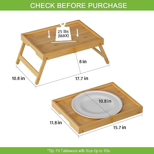 Youpehom Bamboo Bed Tray Table with Folding Legs, Medium, Bamboo | Bamboo bed tray with folding legs, handles and raised edges for meals, laptops, reading and serving in bed or on a sofa. thumbnail 3