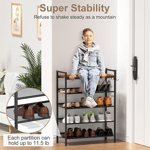 Refrze Shoe Rack for Front Door Entrance, 4 Tier Height-Adjustable Metal Shoe Rack, Sturdy Wooden Top and Tiltable Steel Frame Heavy Duty Shoe Organizer for Bathroom,Bedroom,Kitchen，Include Hook thumbnail 4