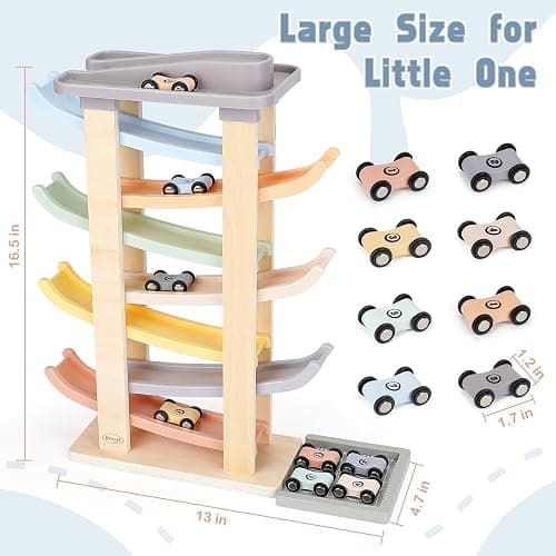 Joyreal Jouet Bebe 1 2 an - Rampe Voiture en Bois, Jeux Montessori avec 8 Mini Voiture Enfant et Un Garage Bois Jouet Cadeau Garcon Fille Enfant thumbnail 3