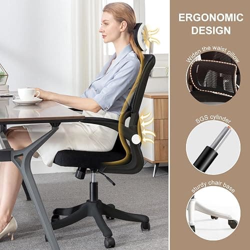 XUEGW Ergonomic Office Chair Computer Desk Chairs with Flip-up Armrests and Lumbar Support, High Back Mesh Gaming Chairs Rolling Work Swivel Task Chairs with Adjustable Headrest thumbnail 3