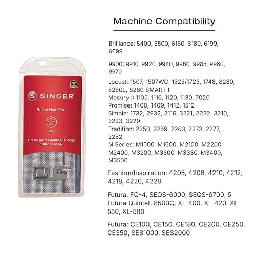 SINGER | Narrow Rolled Hem Foot for Low-Shank Sewing Machines, 1/8 Inch Hem, Light to Medium Weight Fabrics, Couch Over Narrow Cord - Sewing Made Easy thumbnail 3