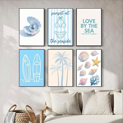6Pcs Coastal Granddaughter Wall Art Beach Wall Decor Pictures 8inx10in | Blue Shells Bikini Posters Prints Tropical Palm Surfboard painting for Bedroom Dorm Teenage Girls Room Decoration Unframed thumbnail 6