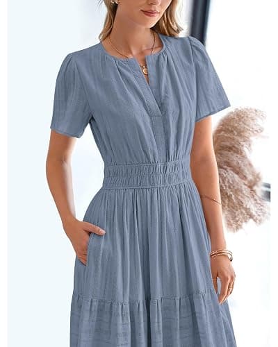 BTFBM Womens Summer 2025 Casual Midi Maxi Dresses Lightweight Short Sleeve V Neck Elastic Waist Boho Beach Dress Pockets thumbnail 6
