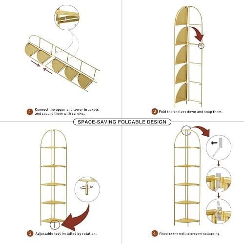 Crofy Foldable 5 Tier Corner Shelf, Metal Corner Plant Stand with Gold Frame and Gold Shelves, Corner Display Rack Multipurpose Shelving Unit for Living Room, Bedroom, Bathroom thumbnail 4