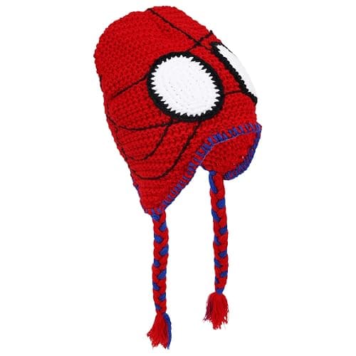 Marvel Spider-Man Crochet Peruvian Beanie MayDay Inspired, Hand-Woven Winter Knit Cap with Braided Tassels, Red and Blue thumbnail 4