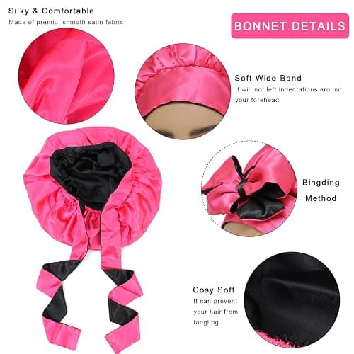 Satin Bonnet with Tie Band Adjustable Silk Bonnet Sleep Cap for Braids double layer with Tie for Sleeping (Hot Pink +Black) thumbnail 4
