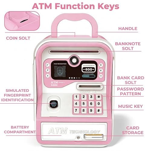 Piggy Bank for Kids Electronic ATM with Password Fingerprint Unlock for Real Money, Children Cash Coin Bank Birthday Gifts for 3 4 5 6 7 8 9 10 11 12 Year Old Boy Girl(Pink/White) thumbnail 3