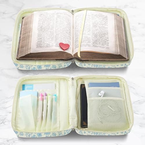 WOBAGMEN Bible Cover Case for Women,Large Bible Tote Bags Organizer Quilted Carrying Case for Girls,Bible Study Supplies Accessories Christian Gifts for Women (Blue Floral, L) thumbnail 4