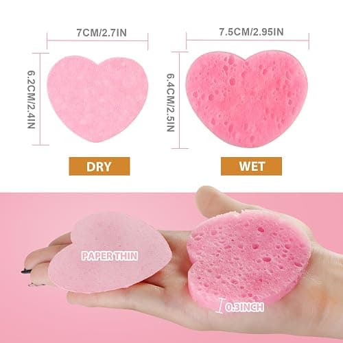 60-Count Compressed Facial Sponges with Container, Heart Shape Compressed Face Sponge, 100% Natural Sponge Pads for Face Cleansing, Massage, Pore Exfoliating Mask, Makeup Removal (Pink) thumbnail 3