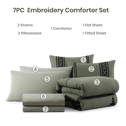 MaiRêve Olive Green Embroidery Comforters Set Queen Size - 7 Pieces, Farmhouse Western Bedding All Season Bed in A Bag Queen, Boho Comforter Set with Sheets, Pillowcases & Shams thumbnail 8