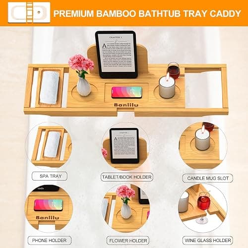 Premium Bamboo Bathtub Tray Caddy - Bath Tub Tray Table for Bathtub - Bath Caddy Tray for Bathtub, Expandable Size, Fits Most Bath Tubs thumbnail 4